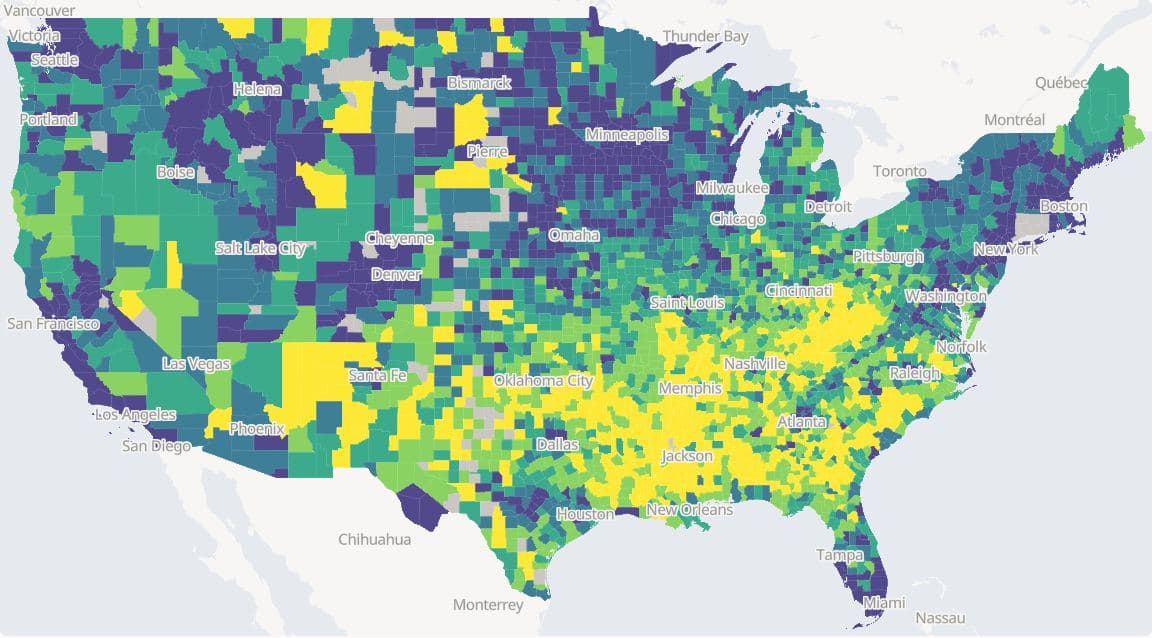 Life expectancy at birth, 2020-2022, by US county, lower 48 states, County Health Rankings 2025, in five quantile classes on the viridis palette. Lower values run through the lower Mississippi valley, the Southeast, Appalachia and several Plains and Southwest counties; Connecticut is grey because its values are published for its former counties.