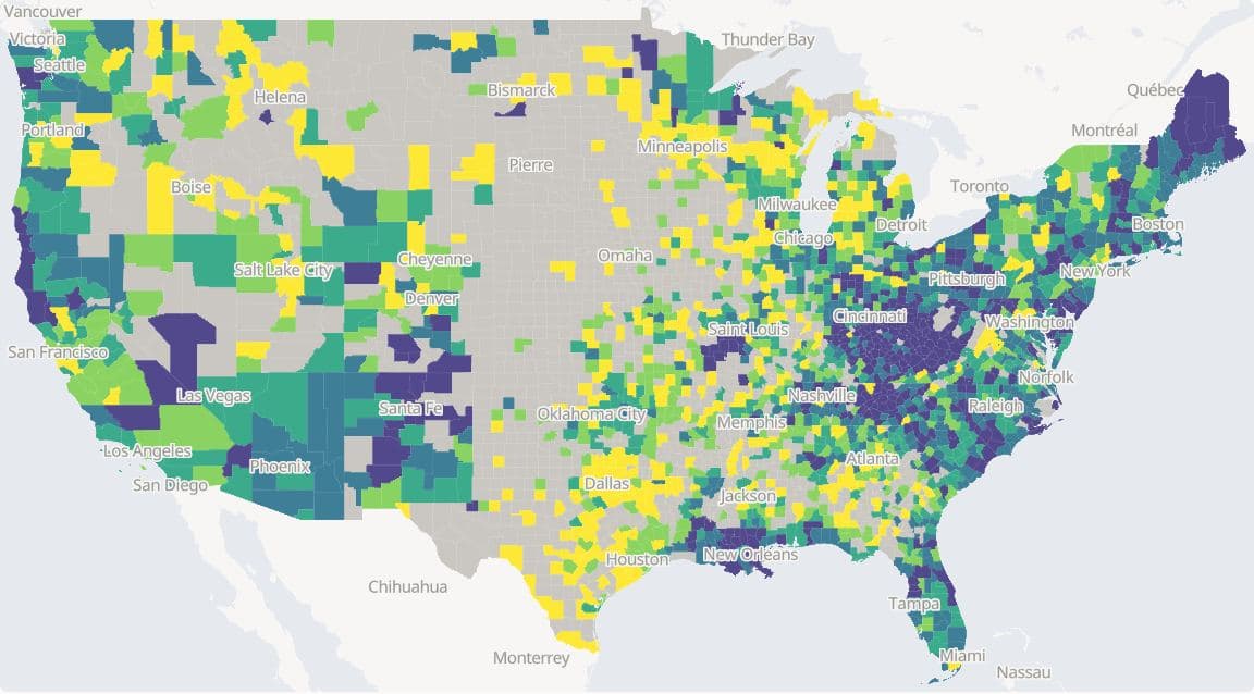 Drug overdose deaths per 100,000 residents, 2020-2022, by US county, lower 48 states, County Health Rankings 2025, in five quantile classes on the viridis palette. Grey counties, where the rate is withheld, cover much of the Great Plains and the interior West.