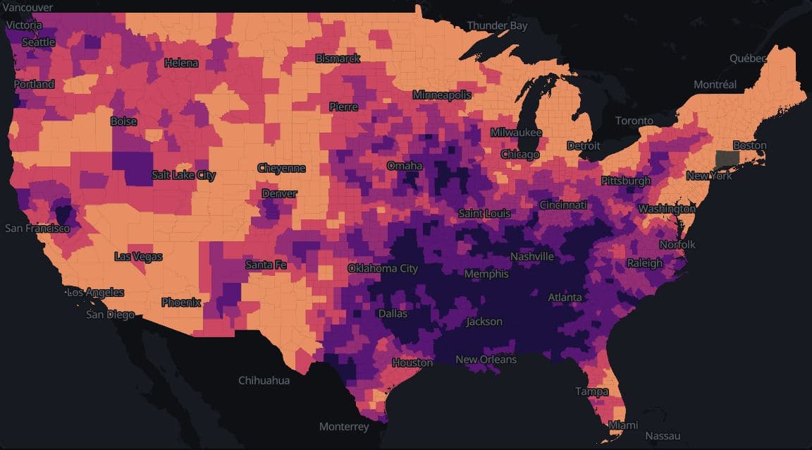 Change in mean annual temperature from 1901-1930 to 1996-2025 by US county, lower 48 states, NOAA nClimDiv, in five quantile classes on the magma palette. Every county but one warmed; the smallest changes are in the Southeast and the largest in the Northeast and the West.
