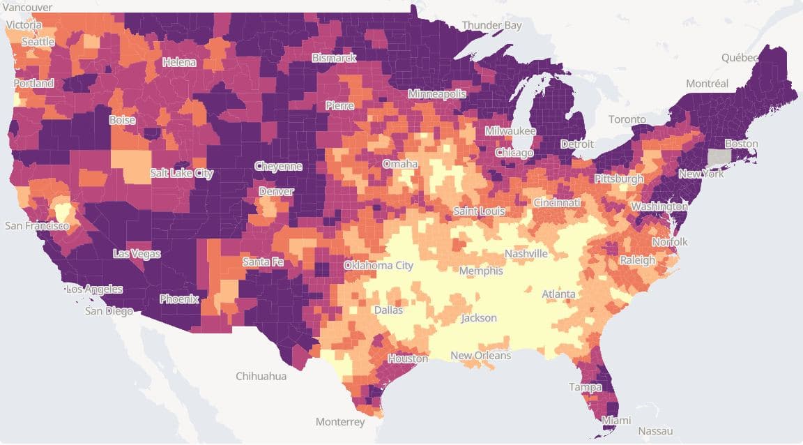 Change in mean annual temperature from 1901-1930 to 1996-2025 by US county, lower 48 states, NOAA nClimDiv, in five quantile classes on the magma palette. Every county but one warmed; the smallest changes are in the Southeast and the largest in the Northeast and the West.