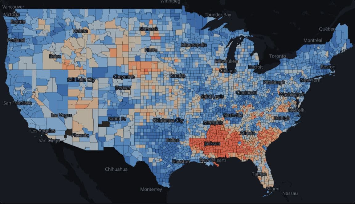 Choropleth of the 1964 Democratic share of the two-party presidential vote by county on 2020 boundaries, lower 48 states. Eight fixed classes run from under 30% to 70% and over, with a red-blue diverging palette centred on 50%.