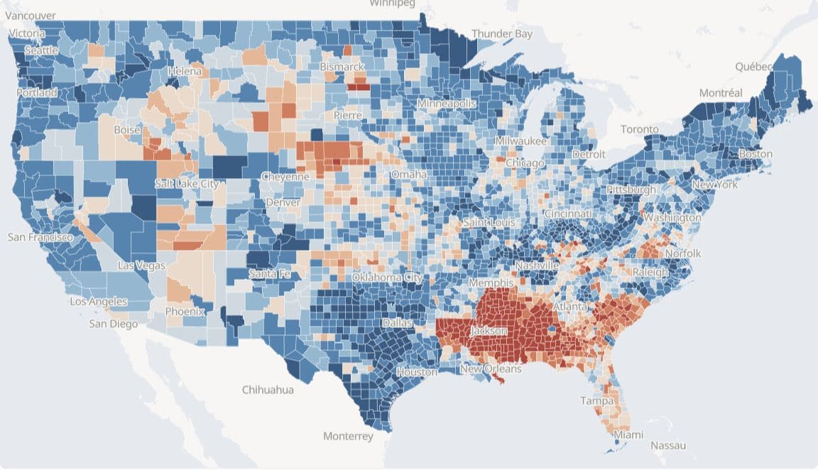 Choropleth of the 1964 Democratic share of the two-party presidential vote by county on 2020 boundaries, lower 48 states. Eight fixed classes run from under 30% to 70% and over, with a red-blue diverging palette centred on 50%.