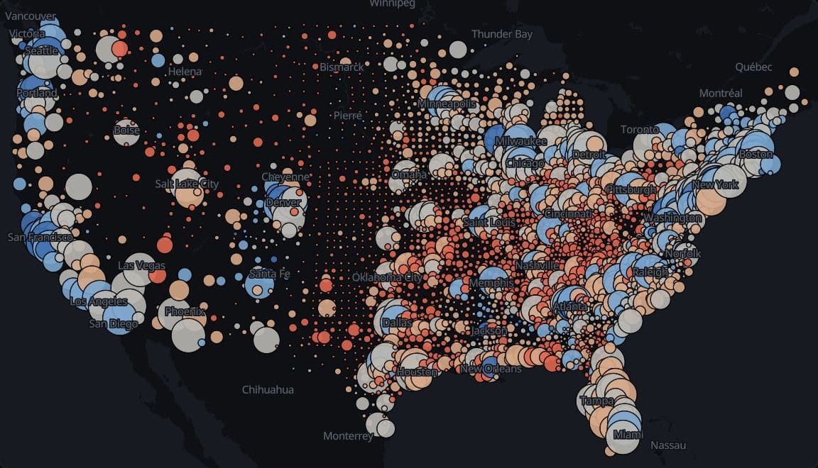 Proportional-symbol map of the 2024 Democratic share of the two-party presidential vote by county in the lower 48 states and DC. Circles are sized by votes cast, in five equal-width classes centred on 50% with a red-blue diverging palette.
