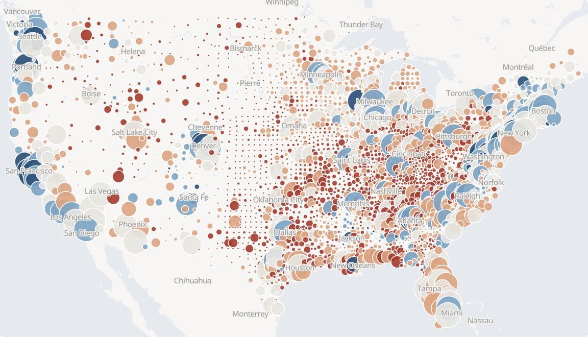 Proportional-symbol map of the 2024 Democratic share of the two-party presidential vote by county in the lower 48 states and DC. Circles are sized by votes cast, in five equal-width classes centred on 50% with a red-blue diverging palette.