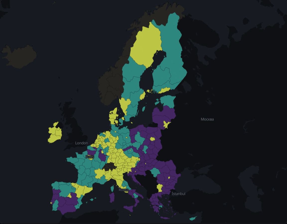 Choropleth of GDP per inhabitant in purchasing power standards as a percentage of the EU-27 average, 2023, for the 260 basic regions (NUTS 2) of the EU-27 and EFTA, in three fixed classes (below 75, 75 to under 100, 100 or more) on the viridis palette; EFTA regions have no value and are grey.