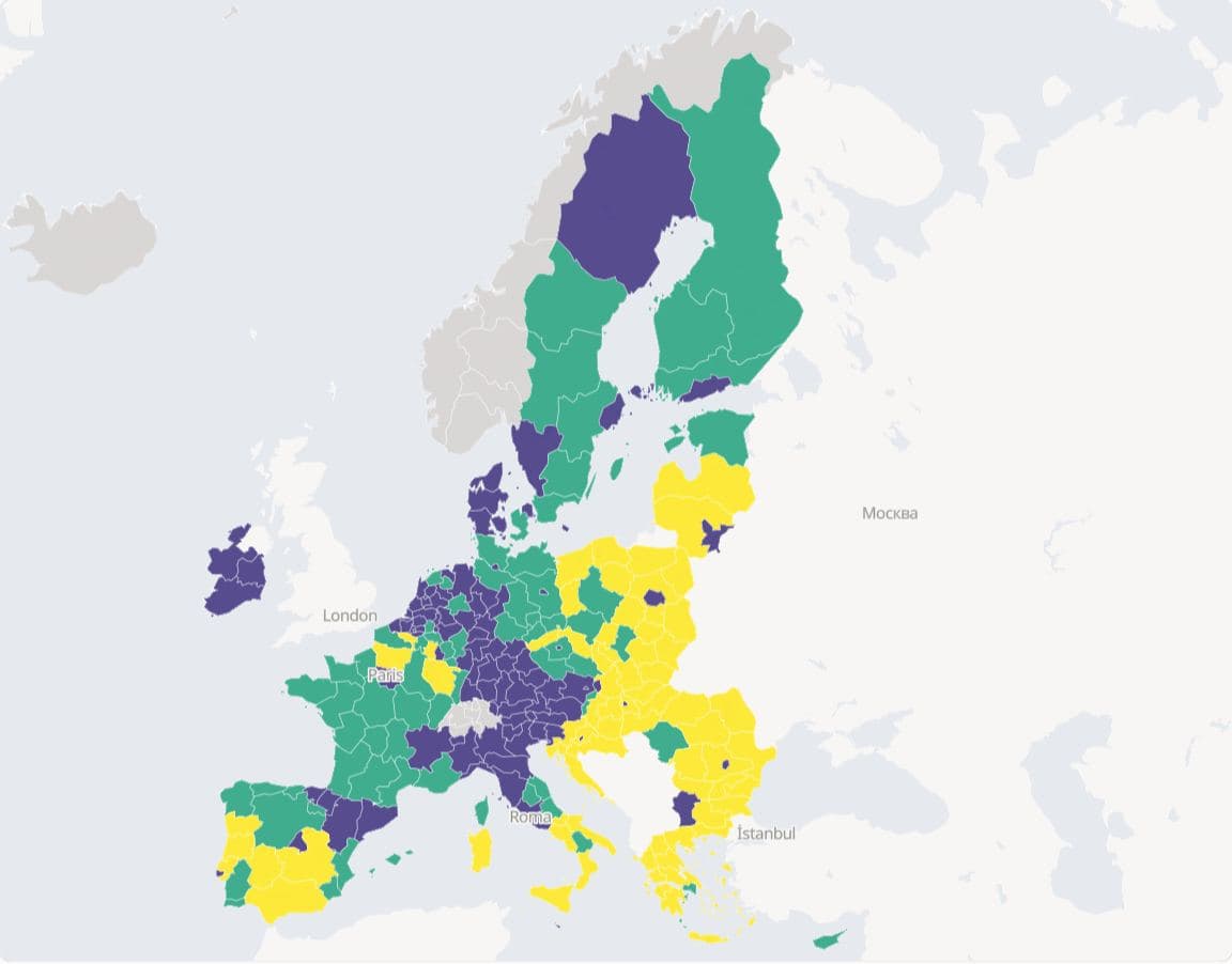 Choropleth of GDP per inhabitant in purchasing power standards as a percentage of the EU-27 average, 2023, for the 260 basic regions (NUTS 2) of the EU-27 and EFTA, in three fixed classes (below 75, 75 to under 100, 100 or more) on the viridis palette; EFTA regions have no value and are grey.