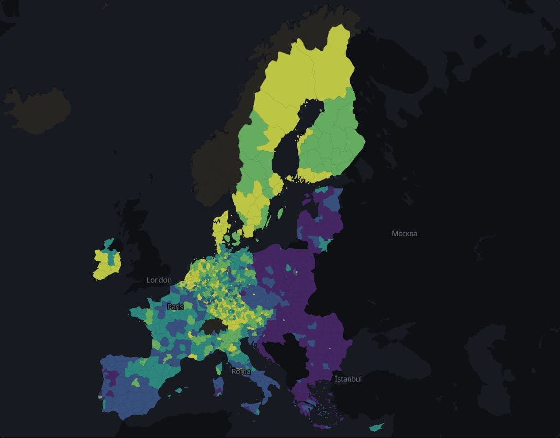 Choropleth of GDP per inhabitant in euros, 2022, for the 1,211 small regions (NUTS 3) of the EU-27 and EFTA, in five quantile classes on the viridis palette; EFTA regions have no value and are grey, and the United Kingdom is basemap.