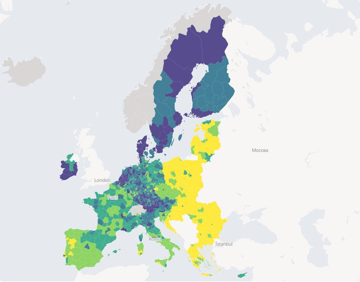 Choropleth of GDP per inhabitant in euros, 2022, for the 1,211 small regions (NUTS 3) of the EU-27 and EFTA, in five quantile classes on the viridis palette; EFTA regions have no value and are grey, and the United Kingdom is basemap.
