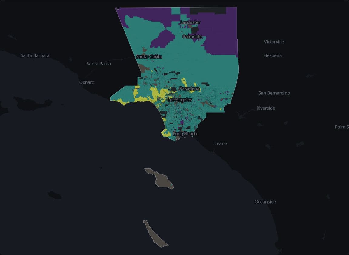 Choropleth of median home value by census block group in Los Angeles County, classed as bottom 5%, middle 90% and top 5% on the Viridis palette.