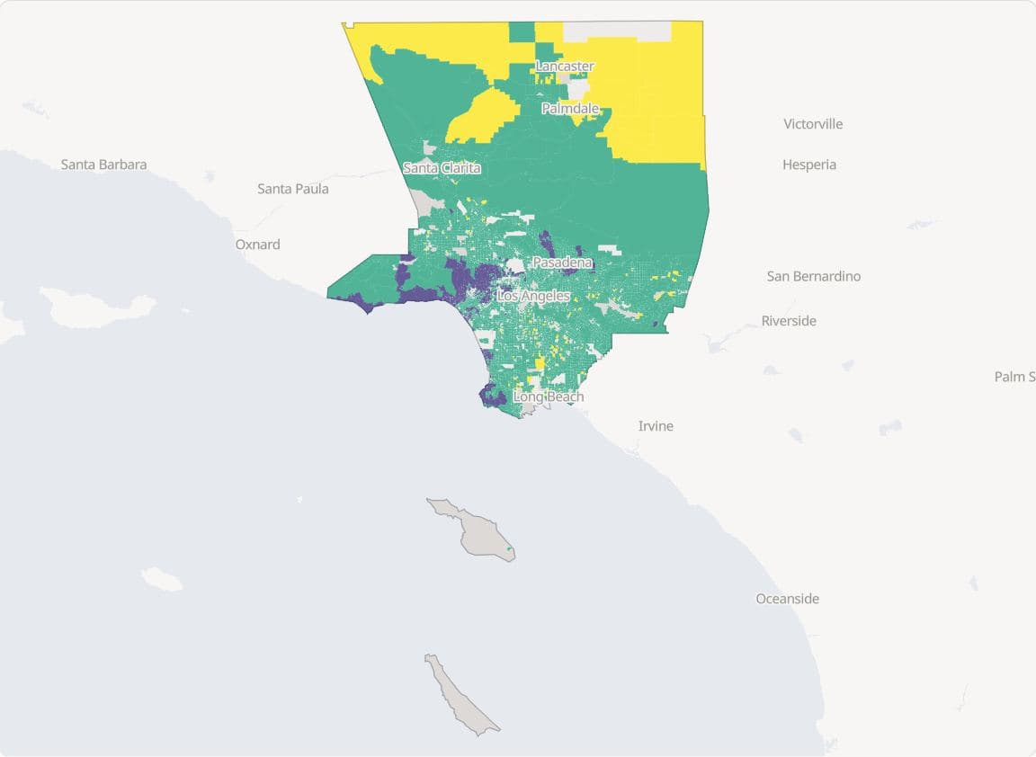 Choropleth of median home value by census block group in Los Angeles County, classed as bottom 5%, middle 90% and top 5% on the Viridis palette.