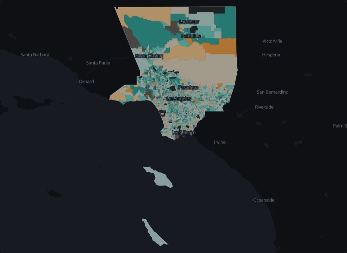 Choropleth of median gross rent as a share of household income by census tract in Los Angeles County, in six equal-width classes on the Brown–teal diverging palette with a class edge at 30%.
