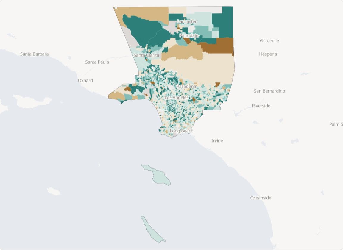 Choropleth of median gross rent as a share of household income by census tract in Los Angeles County, in six equal-width classes on the Brown–teal diverging palette with a class edge at 30%.