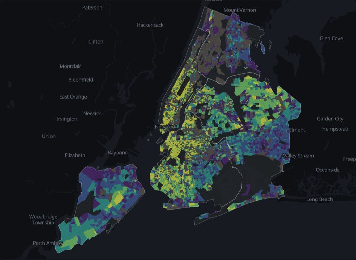 Choropleth of median home value by census block group in New York City, quantiles in five classes on the Viridis palette, with block groups whose estimate is withheld drawn in grey.