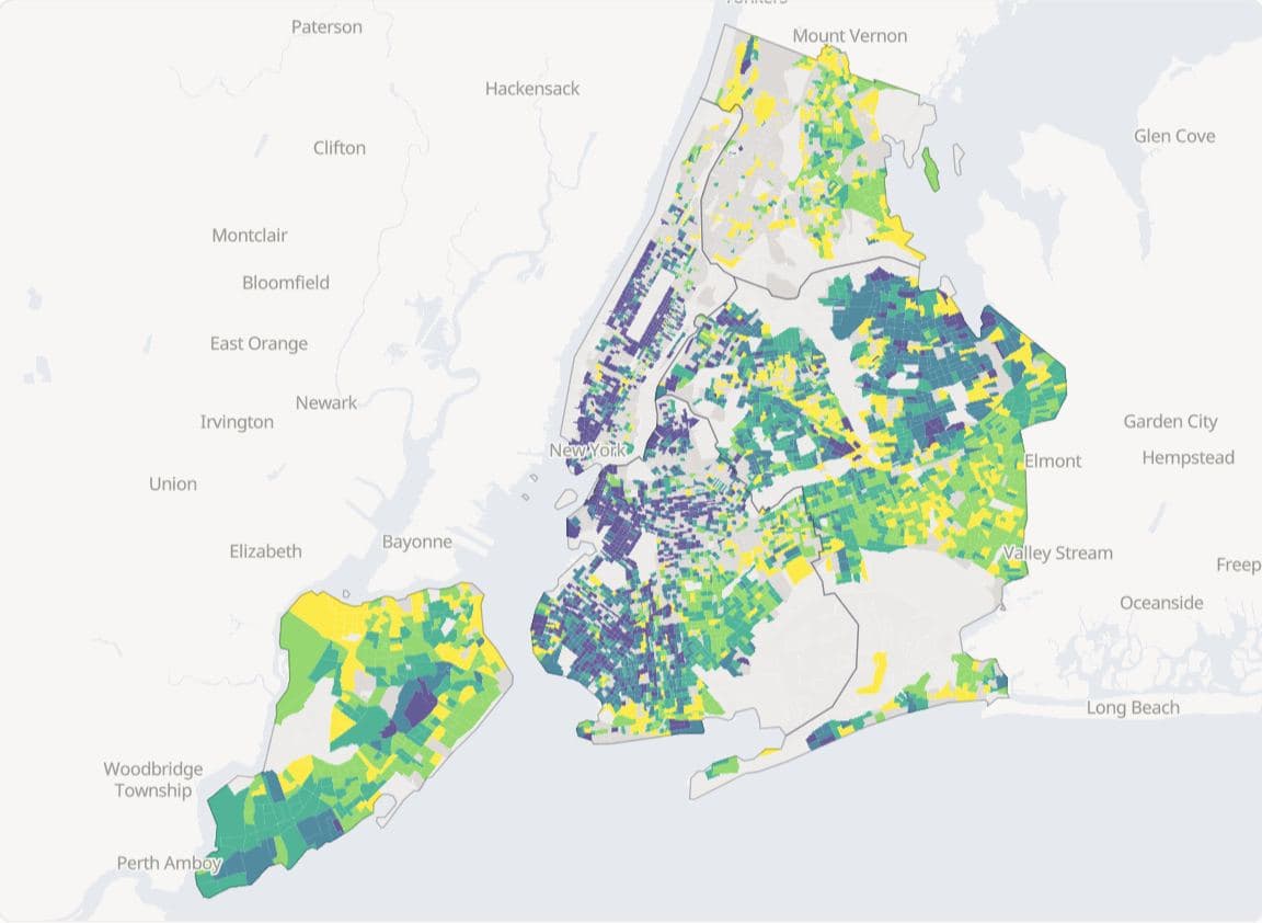 Choropleth of median home value by census block group in New York City, quantiles in five classes on the Viridis palette, with block groups whose estimate is withheld drawn in grey.