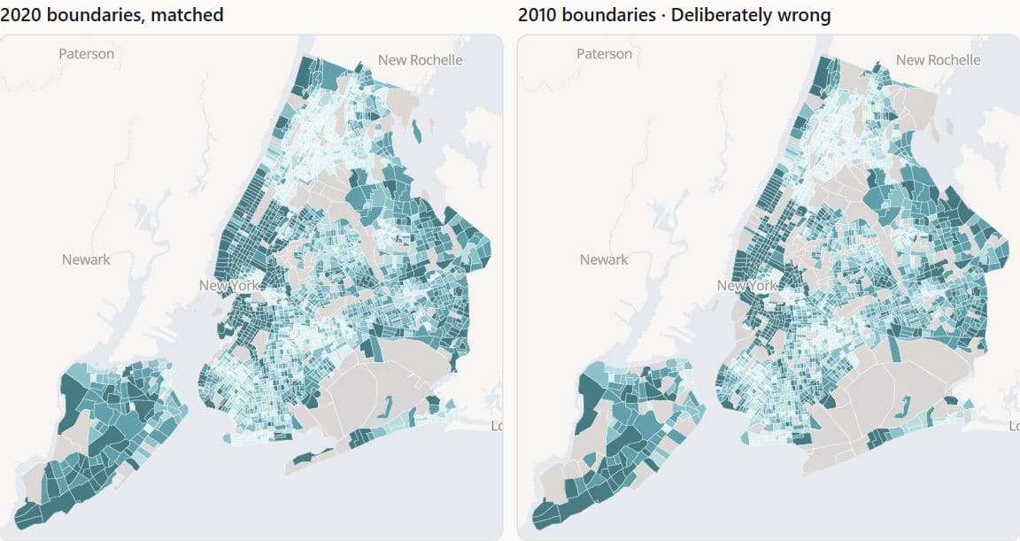 Two maps of median household income by census tract in New York City, ACS 2019-2023, in teal quintiles: the left on 2020 tract boundaries, the right on 2010 boundaries and labelled Deliberately wrong. The right map looks as plausible as the left, and its retired tracts take the same grey as tracts with no estimate.