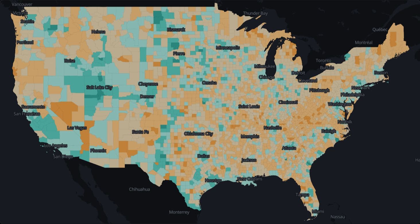 Choropleth of natural change (births minus deaths) per 1,000 residents by US county, lower 48 states, April 2020 to July 2025, in six fixed classes around zero on the brown–teal diverging palette. Brown counties had more deaths than births; they dominate the East, the Midwest and the Great Plains, while teal clusters in Utah, Texas and the Dakotas.