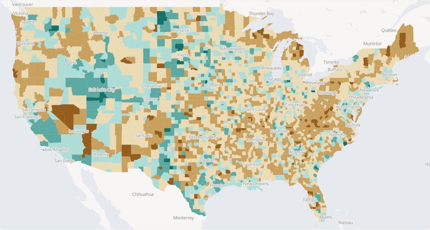 Choropleth of natural change (births minus deaths) per 1,000 residents by US county, lower 48 states, April 2020 to July 2025, in six fixed classes around zero on the brown–teal diverging palette. Brown counties had more deaths than births; they dominate the East, the Midwest and the Great Plains, while teal clusters in Utah, Texas and the Dakotas.