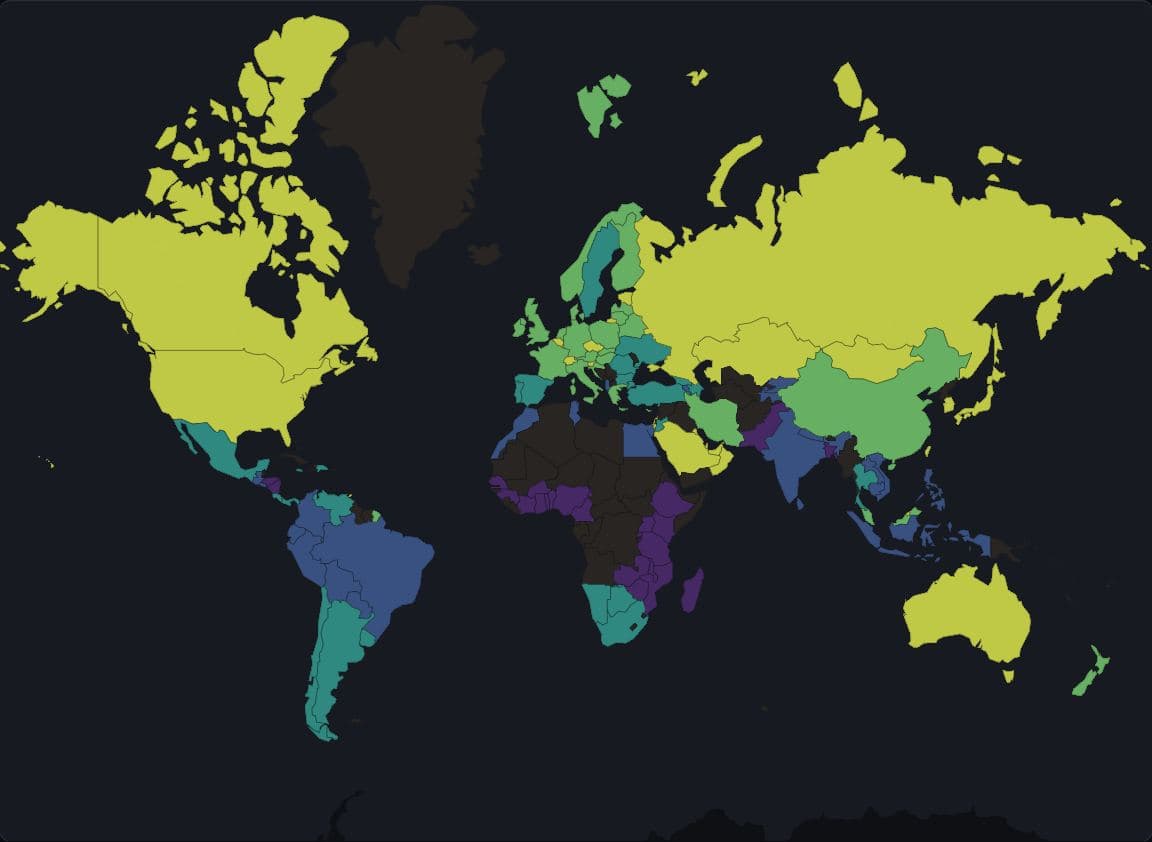World map of 2023 consumption-based CO2 emissions per person by country, Web Mercator, viridis in five quantile classes; 115 of 176 countries have a value, highest in North America, Russia, the Gulf and Australia.