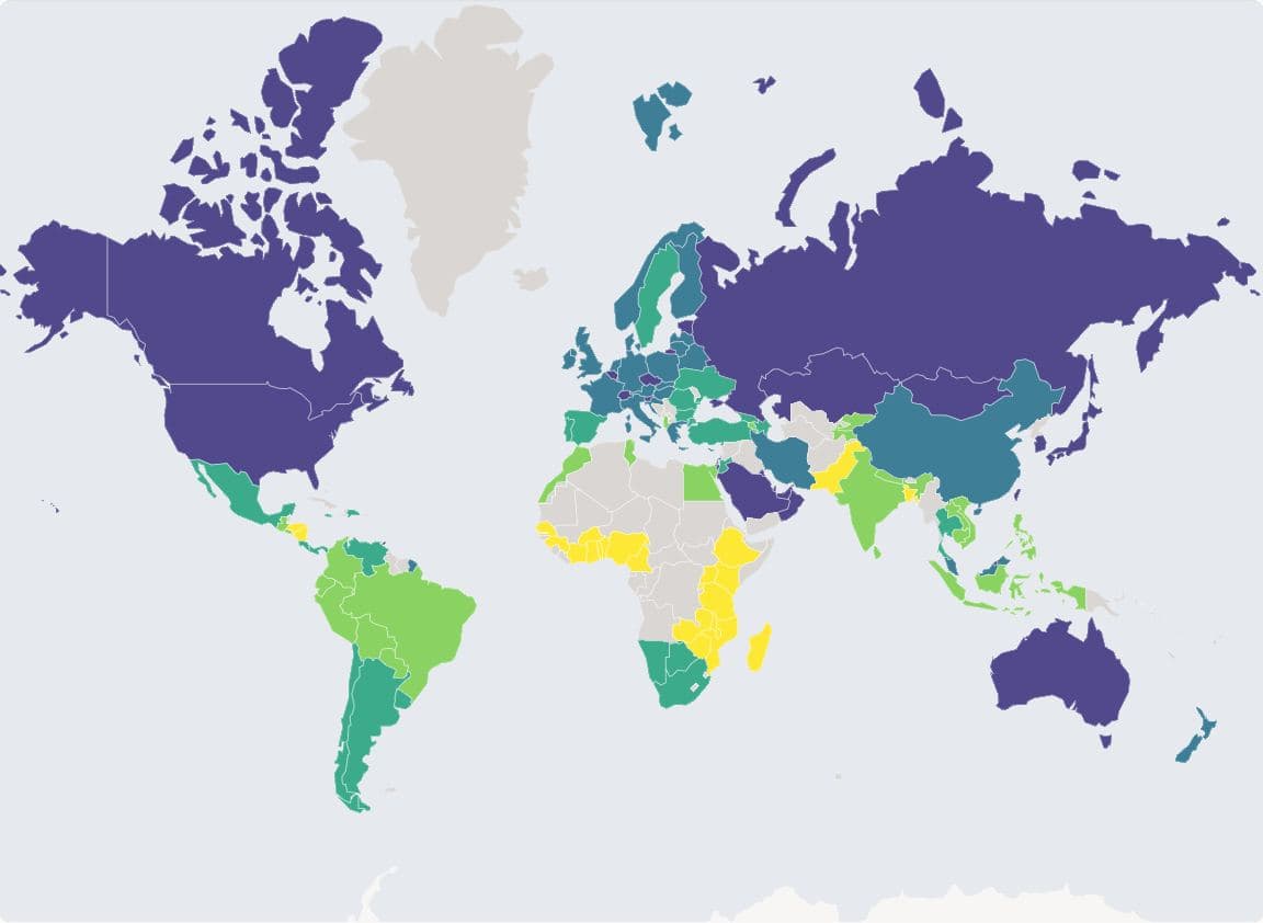 World map of 2023 consumption-based CO2 emissions per person by country, Web Mercator, viridis in five quantile classes; 115 of 176 countries have a value, highest in North America, Russia, the Gulf and Australia.