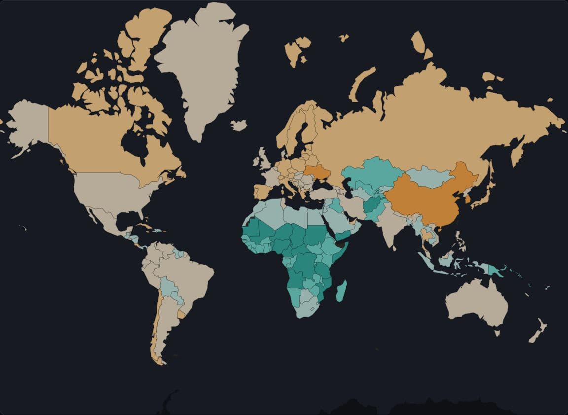 World map of the 2023 fertility rate by country, Web Mercator. Brown–teal diverging palette, six classes of equal ratio centred on 2.1 births per woman. Brown (below 2.1) covers most of the Americas, Europe and East Asia; teal (above 2.1) covers most of sub-Saharan Africa and Central Asia.
