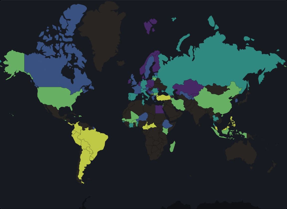 World map of the 2021 Gini index by country, Web Mercator, viridis in five quantile classes; 97 of 176 countries are drawn in the no-data colour, including most of Africa, the Middle East and South Asia.