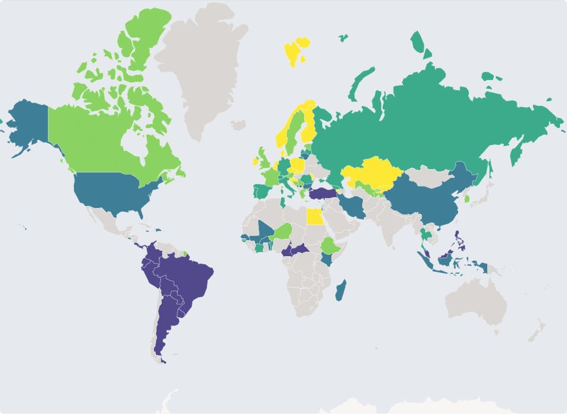 World map of the 2021 Gini index by country, Web Mercator, viridis in five quantile classes; 97 of 176 countries are drawn in the no-data colour, including most of Africa, the Middle East and South Asia.