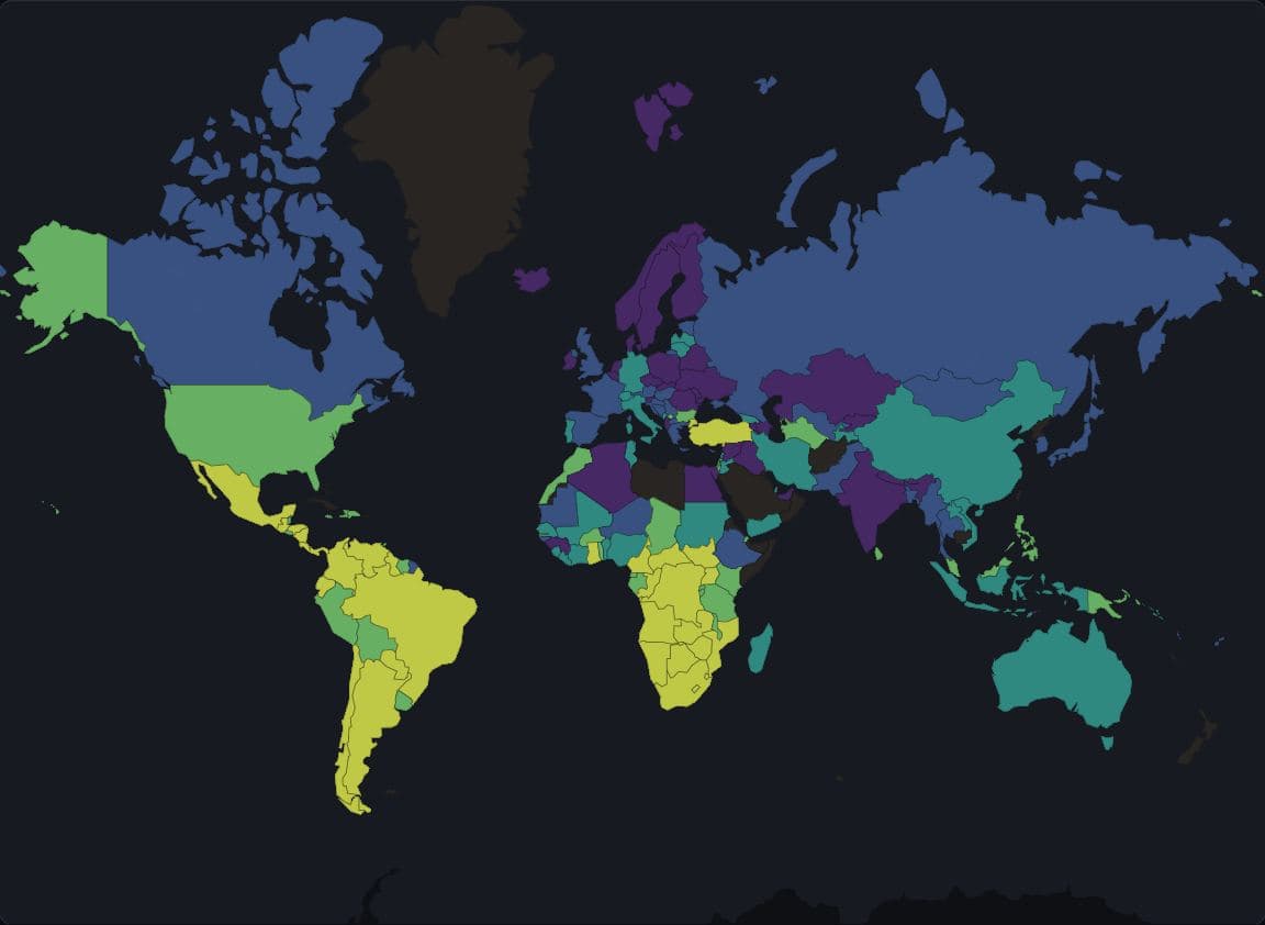 World map of the Gini index from each country's most recent survey, Web Mercator, viridis in five quantile classes; 154 of 176 countries have a value, and the legend counts survey years from 1992 to 2025.